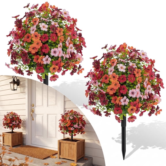 Scidweet 2 Pack 22" Artificial Fall Flowers Outdoors, Fake Topiary Balls Flowers with Spike Faux Silk Plants Fall Decoration for Home Outside Indoors Garden Porch Patio Autumn Decor