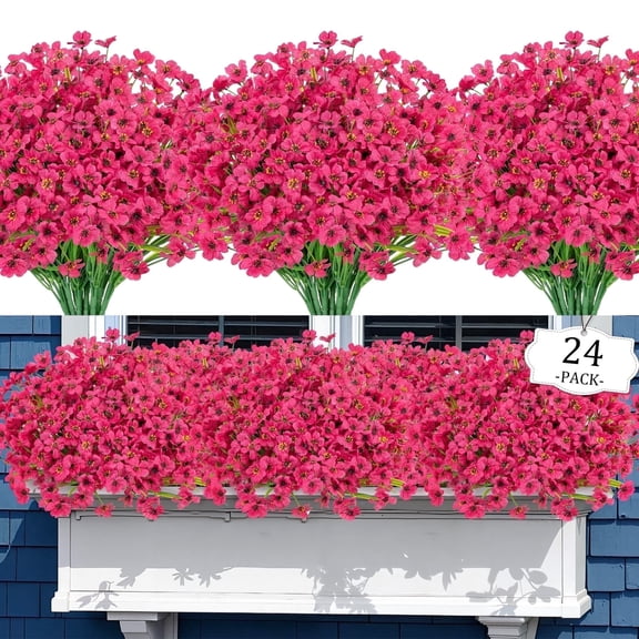 Scidweet 24 Pack Bundles Flowers Outdoor, Artificial Plants Faux Flowers Spring Summer Outside for Home Garden Porch Window Box Decorations, Rose Red