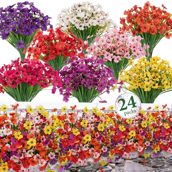 Scidweet Artificial Flowers for Outdoors, 24 Bundles Fake Silk Flowers UV Resistant Faux Plastic Plants for Indoor Outdoor Garden Porch Window Box Spring Summer Home Decor, Multicolor