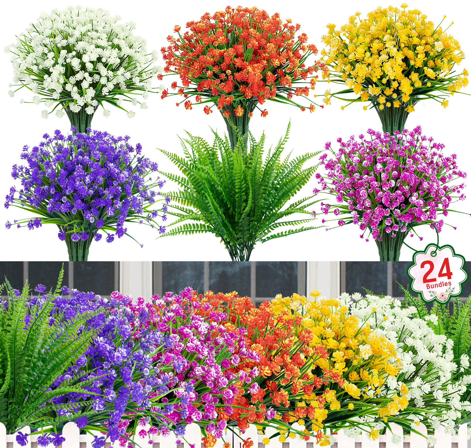 Scidweet 24 Bundles Artificial Flowers Outdoor, Faux Fake Flowers Plastic Floral Plants Spring Summer Decoration for Outside Home Patio Garden Decor, Multicolor