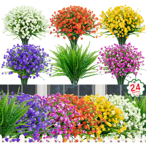 Scidweet 24 Bundles Artificial Flowers Outdoor, Faux Fake Flowers Plastic Floral Plants Spring Summer Decoration for Outside Home Patio Garden Decor, Multicolor