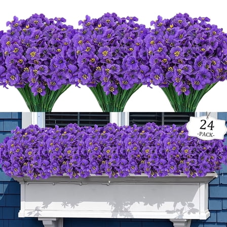Scidweet 24 Bundles Fake Flowers Outdoor, Artificial Plants Faux Flowers Spring Summer Outside for Home Garden Porch Window Box Decorations, Purple