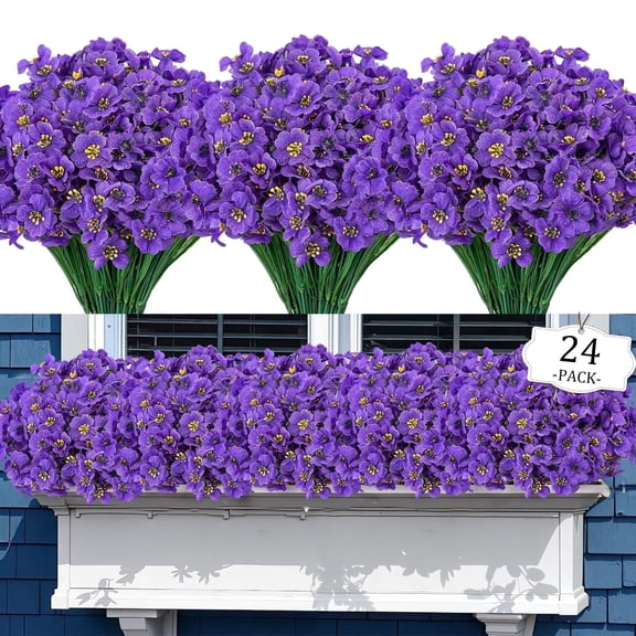Scidweet 24 Bundles Fake Flowers Outdoor, Artificial Plants Faux Flowers Spring Summer Outside for Home Garden Porch Window Box Decorations, Purple