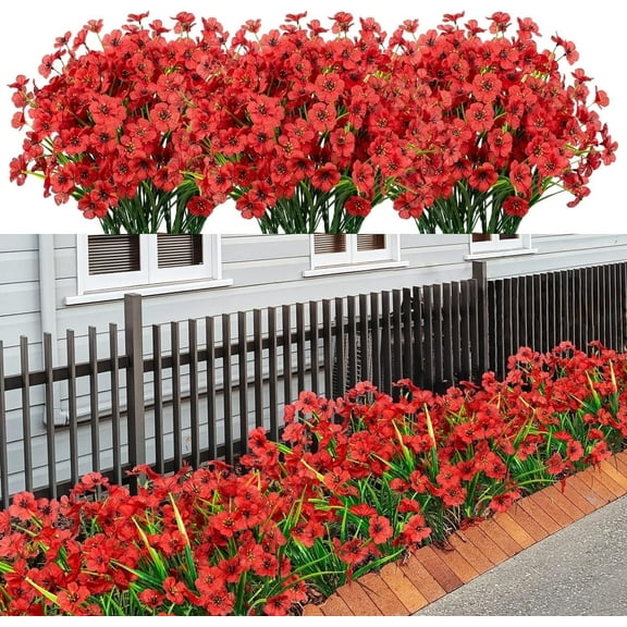Scidweet 24 Bundles Fake Flowers Outdoor, Artificial Plants Faux Flowers Spring Summer Outside for Home Garden Porch Window Box Decorations, Red