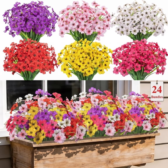 Scidweet 24 Bundles Fake Flowers Outdoor, Artificial Plants Faux Flowers Spring Summer Outside for Home Garden Porch Window Box Decorations, Multicolor
