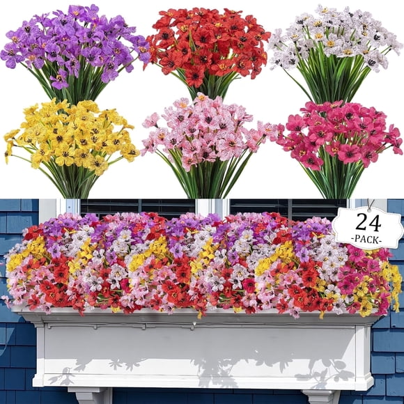 Scidweet 24 Bundles Fake Flowers Outdoor, Artificial Plants Faux Flowers Spring Summer Outside for Home Garden Porch Window Box Decorations, Multicolor