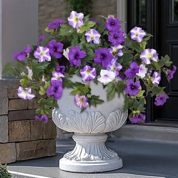 Scidweet Artificial Flowers for Outdoors, 2Pcs UV Resistant Faux Fake Petunias Silk Flower Plants for Home Garden Front Porch Indoor Decor, Purple White