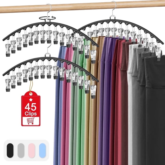 Scidweet 3 Pack Pants Hangers for Clothes with 15 Clips, Space Saving Clothes Racks Closet Organizers, Black
