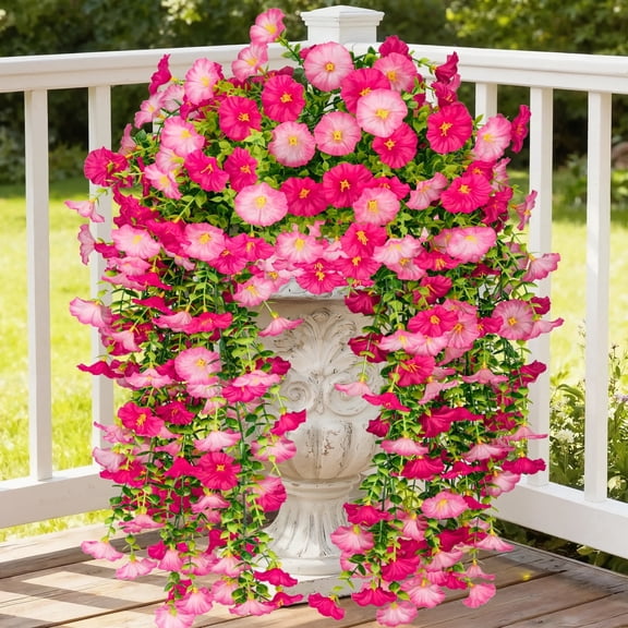 Scidweet Artificial Fake Flowers Outdoors, 4 Pcs Faux Morning Glory Hanging Silk Flowers Faux Plants for Spring Summer Porch Patio Balcony Yard Indoor Outdoor Home Decor, Pink