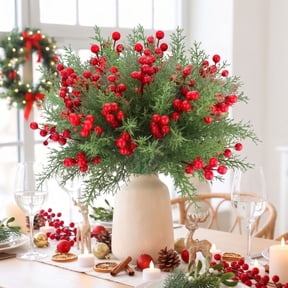 Scidweet Christmas Greenery Decorations, 60 Pcs Artificial Pine Branches and Red Berry Picks, Faux Fake Christmas Pine for Xmas Wreaths Garlands Table Centerpieces DIY Craft Home Decor