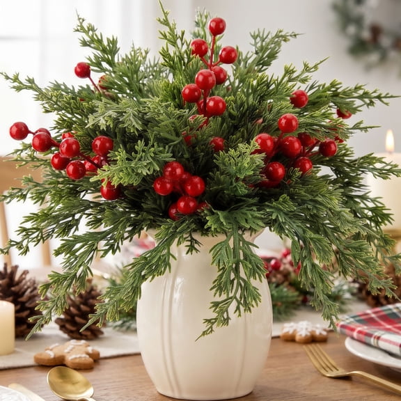 Scidweet Christmas Pine Branches Decor, 60 Pcs Xmas Artificial Greenery Pine Branches and Red Berry Stems, Faux Pine Stems Picks for Vase DIY Wreaths Christmas Table Indoor Decoration