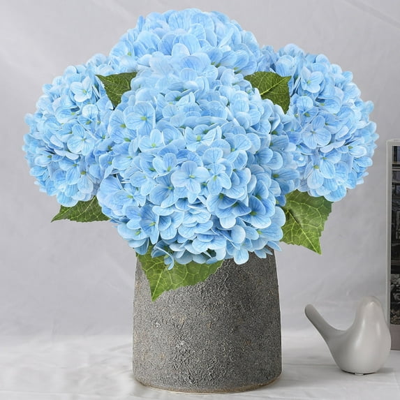 Scidweet 4 Pcs Artificial Hydrangea Fake Flowers, 19.3" Real Touch Latex Faux Plants Fake Hydrangea Flowers for Spring Summer Indoor Outdoor Home Table Wedding Decoration, Light Blue