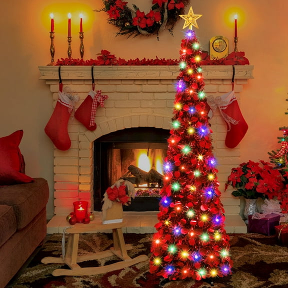 Scidweet 5 ft Pop up Christmas Tree Decorations, Collapsible Pencil Tinsel Twinkle Christmas Tree with Lights & Reflective Sequinsfor Indoor Outdoor Home Party Holiday Xmas Decor, Red