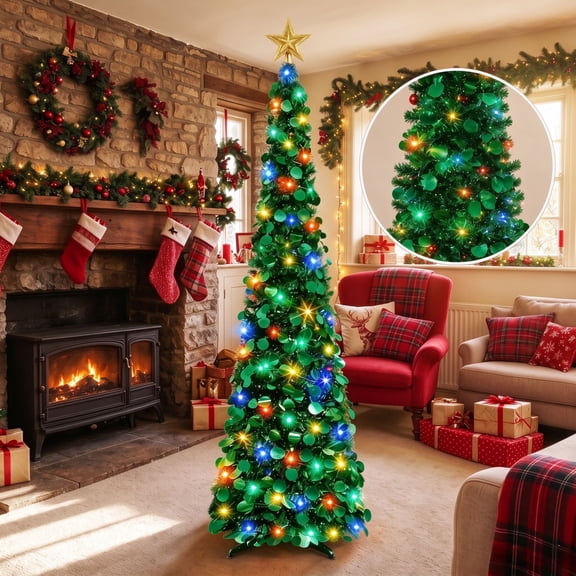 Scidweet 5 ft Pop up Christmas Trees Decorations, Collapsible Pencil Tinsel Twinkle Christmas Tree with Lights & Reflective Sequins for Indoor Outdoor Home Party Holiday Xmas Decor, Green