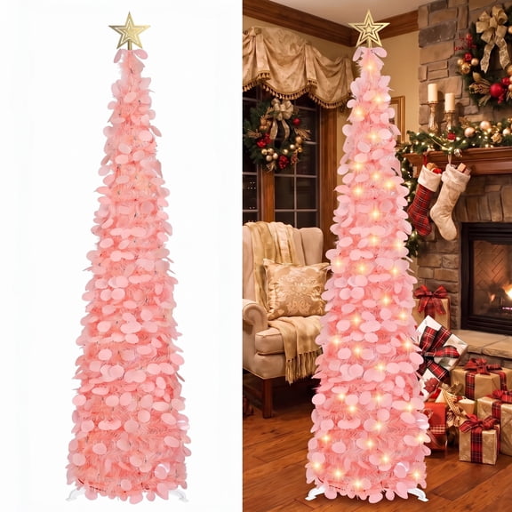 Scidweet 5 Ft Pop up Christmas Trees Decorations, Collapsible Pencil Tinsel Twinkle Xmas Tree with Lights & Reflective Sequins for Indoor Outdoor Home Party Holiday Christmas Decor, Pink