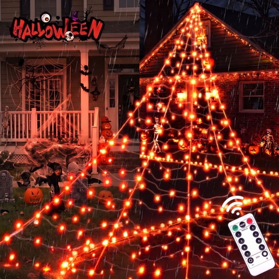 Scidweet Halloween Decorations Outdoor, 500 LED Halloween Spider Web Lights for Garden Yard Porch Home Decor, Orange