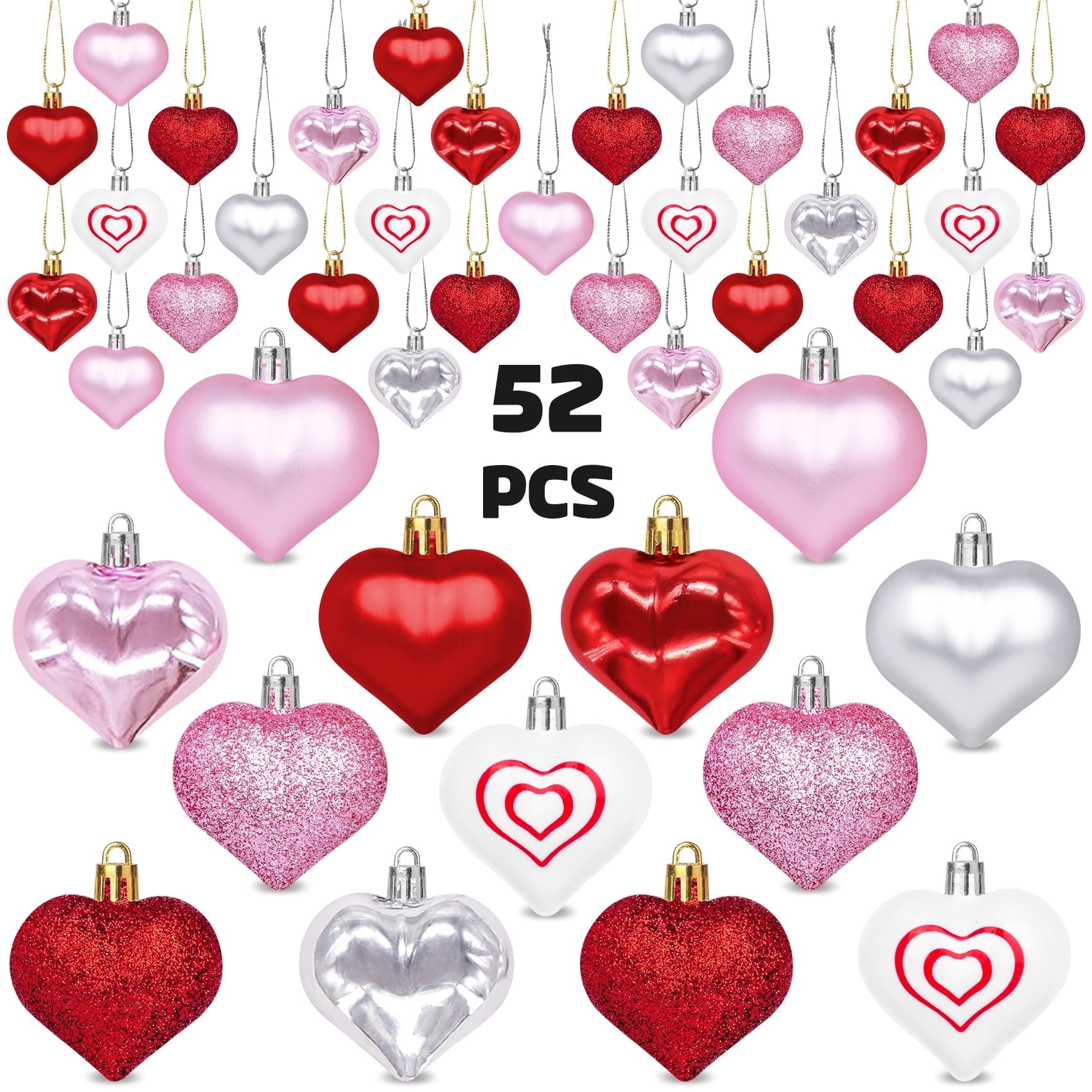 Scidweet 52 Pcs Valentine's Day Decor, Heart Shaped Hanging Plastic Valentine Tree Ornaments for Home Wedding Dinner Gifts Table Decorations
