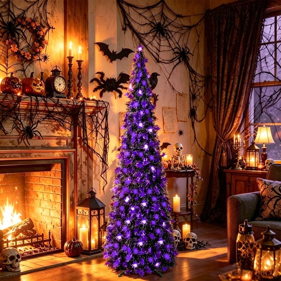 Scidweet 5ft Pop Up Halloween Trees Decorations, Collapsible Pencil Twinkle Halloween Tree with Lights & Spider Reflective Sequins for Indoor Outdoor Home Party Holiday Decor, Purple