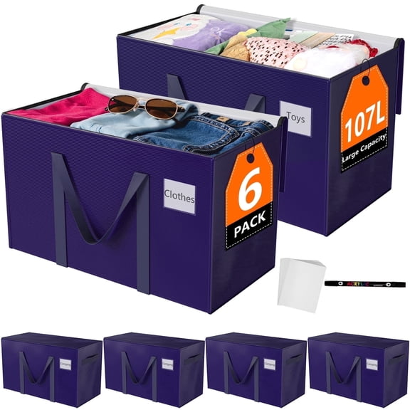 AcerichFad Moving Bags Heavy Duty, 6 Pack 107 L Extra Large Packing Storage Bags with Reinforced Handle Zipper for Moving Travel Camping College Supplies, Blue