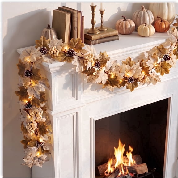 Scidweet Fall Garlands with Lights, 6 FT 30 LED Fake Autumn Maple Leaves Garland Fall Decorations for Home Party Fireplace Table Porch Table Thanksgiving Harvest Halloween Decor