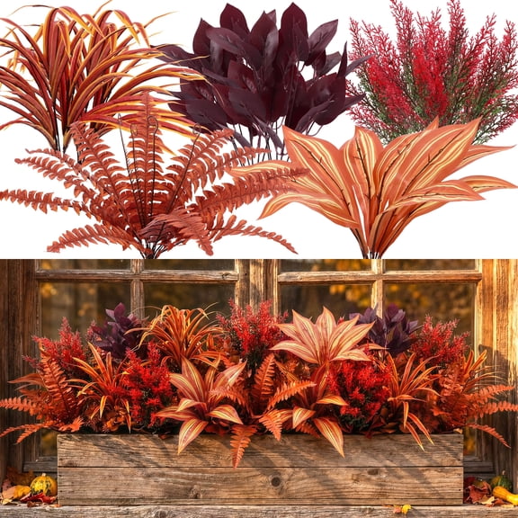Scidweet Artificial Fall Plants Outdoor, 8 Pcs Fake Faux UV Resistant Large Bunches Plastic Plants for Outside Fall Porch Garden Patio Yard Home Decor