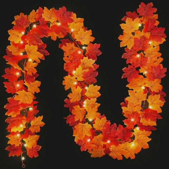 Scidweet Fall Maple Leaves Garland, 9 FT 50 LED String Lights Fall Decorations for Home Party Garland Thanksgiving Fireplace Indoor Outdoor Autumn Decor