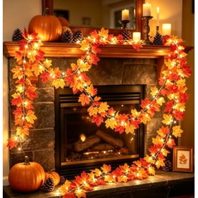 Scidweet Fall Garland with Lights, 9 FT 50 LED Fake Autumn Maple Leaves Garland Fall Decorations for Home Indoor Outdoor Party Fireplace Table Porch Table Thanksgiving Harvest Halloween Decor