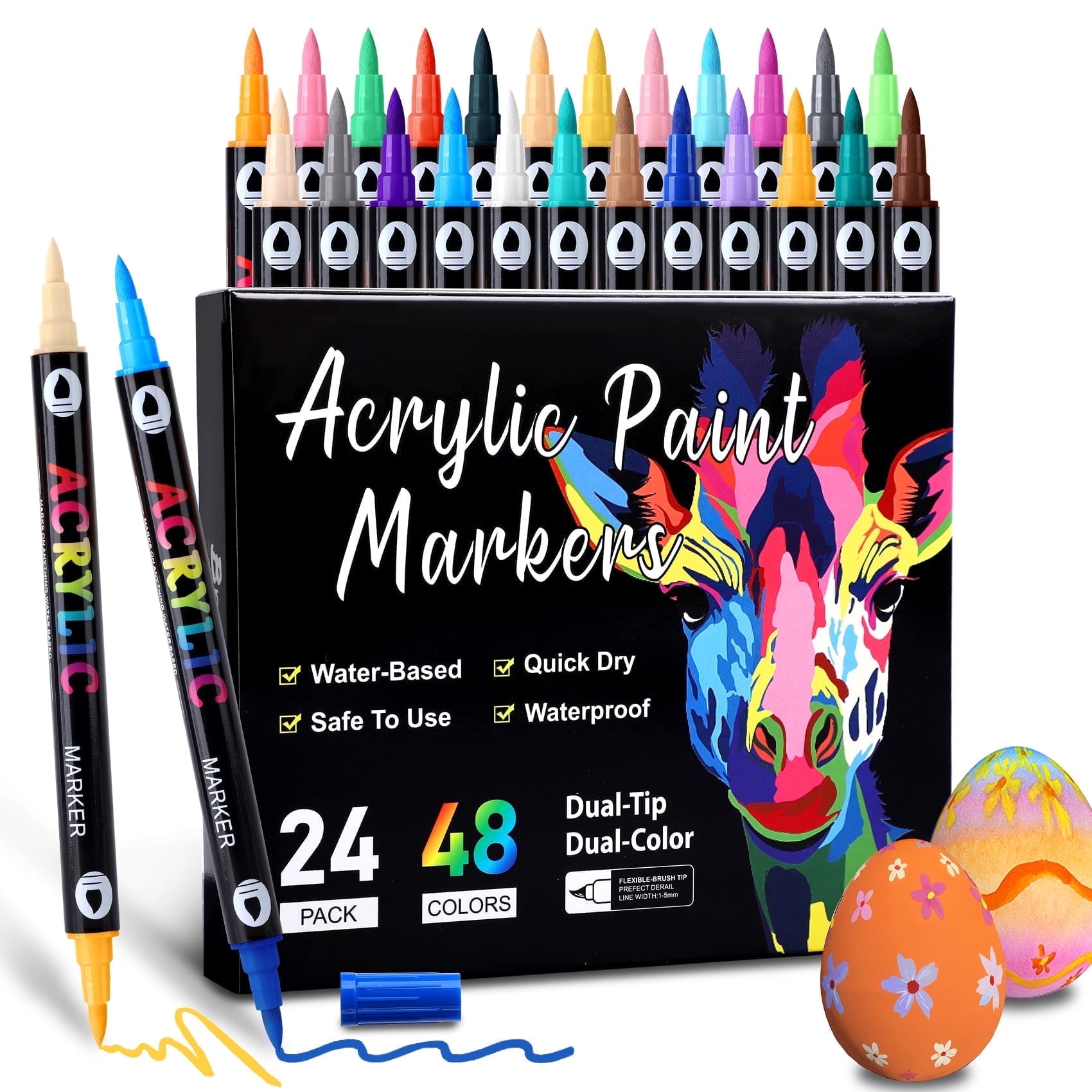 Scidweet Acrylic Paint Markers Set, 24 Pcs Dual Tip Dual Color Paint Pens Fine Needlepoint Marker Arts and Crafts Supplies Kit