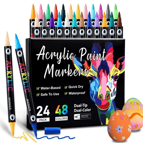 Scidweet Acrylic Paint Markers Set, 24 Pcs Dual Tip Dual Color Paint Pens Fine Needlepoint Marker Arts and Crafts Supplies Kit