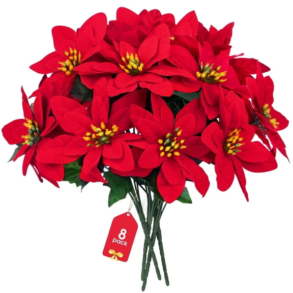 Scidweet Artificial Christmas Flowers, 8 Pack Fake Red Poinsettia Flowers Bouquet for Indoor Outdoor Home Xmas Tree Table Garden Decor