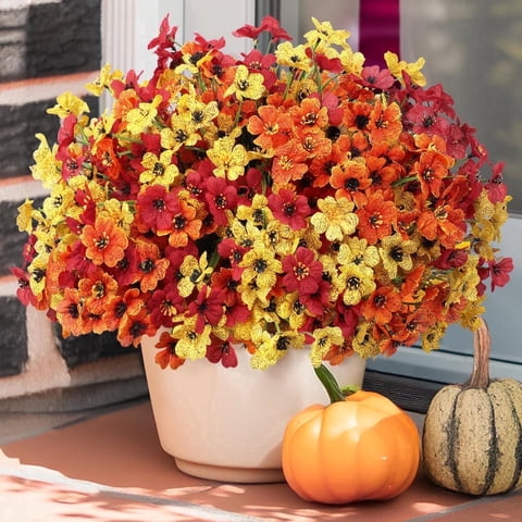 Scidweet Artificial Fall Flowers Outdoors, 24 Bundles Autumn Fake Faux Silk Flowers Plants Fall Decorations for Home Garden Porch Decor, Multicolor