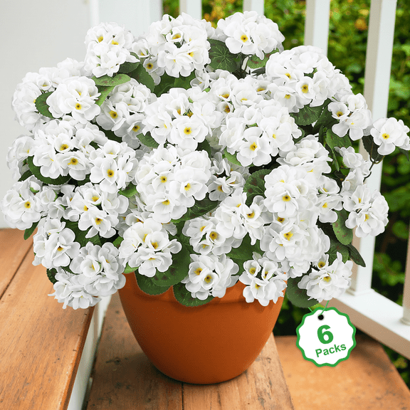 Scidweet Artificial Flowers, 6 Pcs 21'' Geraniums Fake Flowers Faux Plants for Summer Indoor Outdoor Home Table Garden Decoration, White