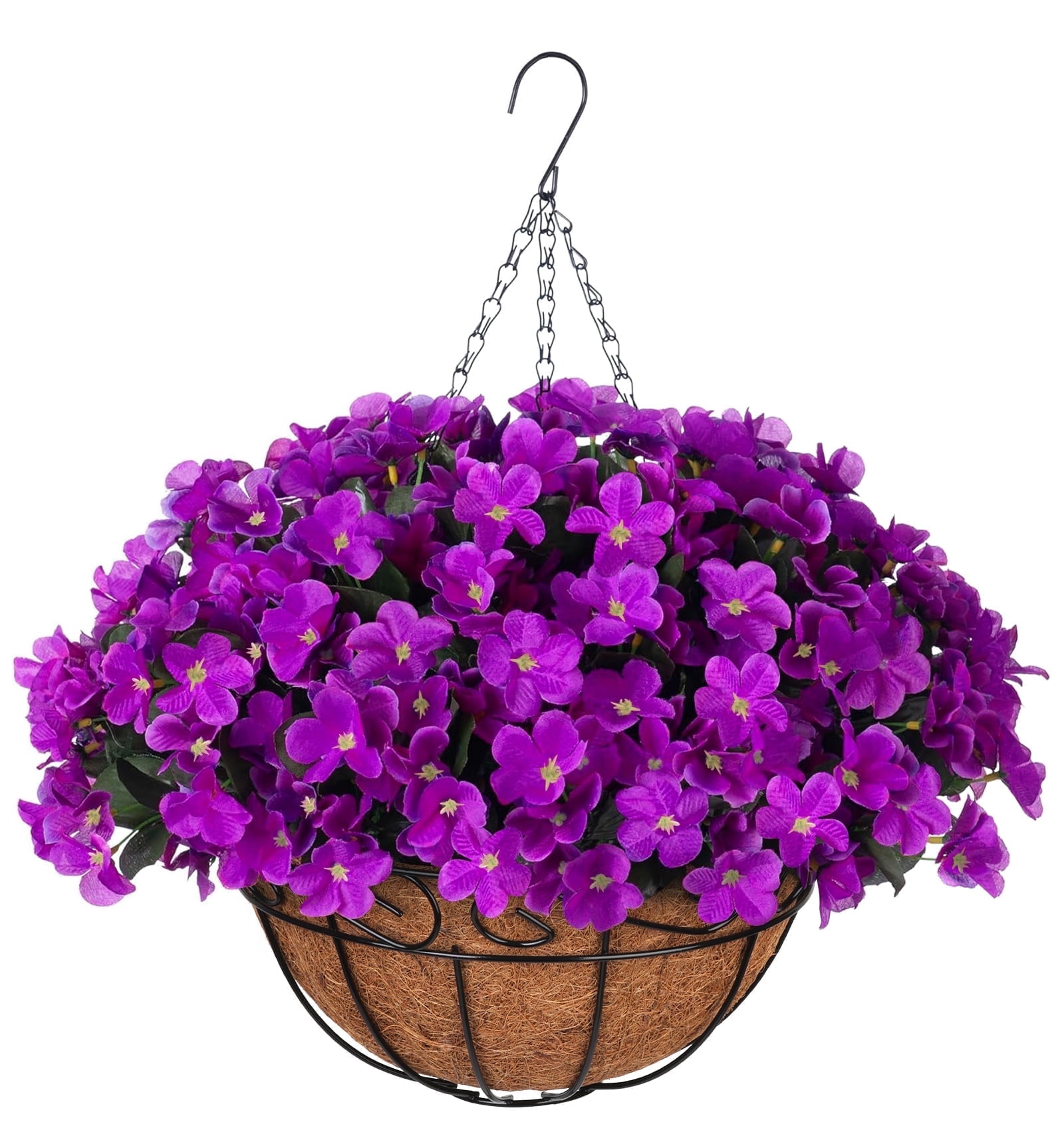 Scidweet Artificial Hanging Flowers with 12" Basket for Outdoors, Fake Flowers Faux Hydrangea for Spring Summer Outside Indoor Home Garden Decoration, Purple
