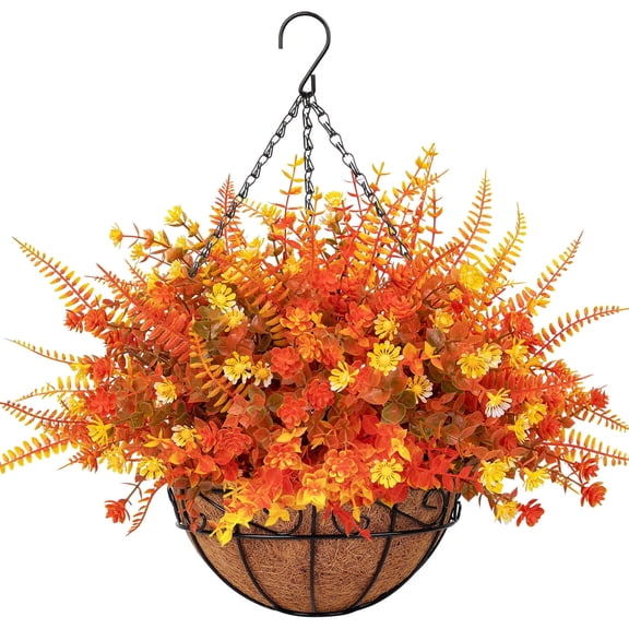 Scidweet Artificial Fall Hanging Flowers Outdoor, 12 Pcs Autumn Fake Flowers Faux Plants with Coconut Lining Basket Fall Decoration for Home Patio Garden Decor, Mixcolor