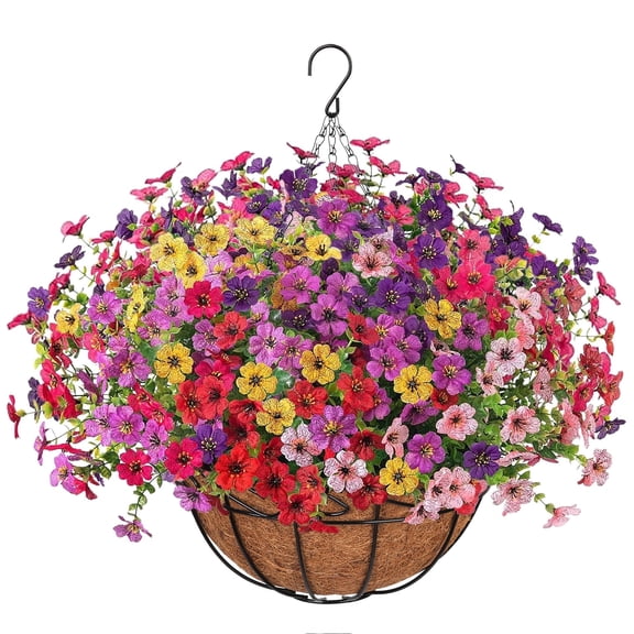 Scidweet Artificial Hanging Flowers, 12 Pcs Fake Flowers Faux Plants with Coconut Lining Basket for Outdoor Indoor Spring Summer Decoration for Home Garden, Multicolor