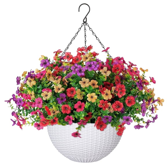 Scidweet Artificial Hanging Flowers, 12 Pcs Fake Flowers Faux Plants with Imitation Woven White Basket for Outside Indoor Spring Summer Decoration for Home Garden