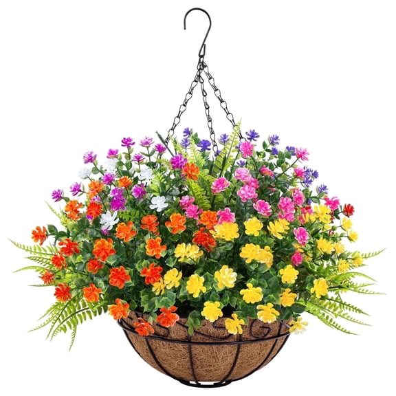Scidweet Artificial Hanging Flowers with Basket, 12 Pcs Outdoors Fake Plants with Coconut Lining Basket Spring Summer Decoration for Home Garden Decor, Mixcolor