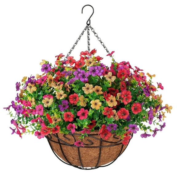 Scidweet Artificial Hanging Flowers, 12 Pcs Fake Flowers Faux Plants with Coconut Lining Basket for Outdoor Indoor Spring Summer Decoration for Home Garden