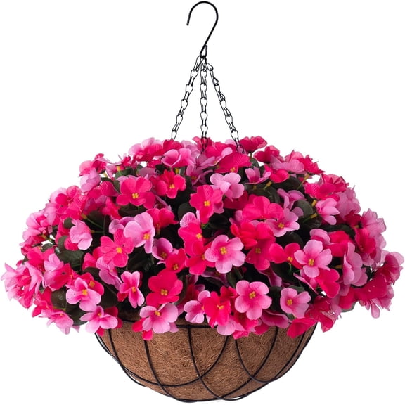 Scidweet Artificial Hanging Flowers Outdoors, 12 pcs Fake Plants Faux Hydrangea Flowers with Coconut Lining Basket for Spring Summer Outside Indoor Home Garden Decoration，Pink