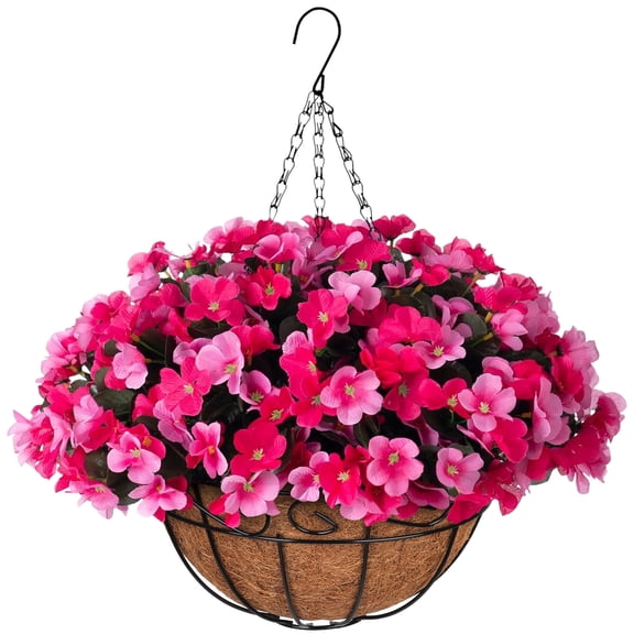 Scidweet Artificial Hanging Flowers with Basket for Outdoors, Fake Flowers Faux Hydrangea Plants for Spring Summer Outside Indoor Porch Garden Yard Decor, Rose Pink