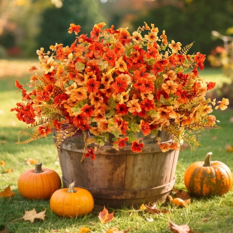 Scidweet Fake Fall Flowers Outdoors, 18 Bundles Autumn Artificial Flowers Faux Silk Plastic Plants Fall Decorations for Home Outside Yard Garden Porch Patio Harvest Decor, Multicolor