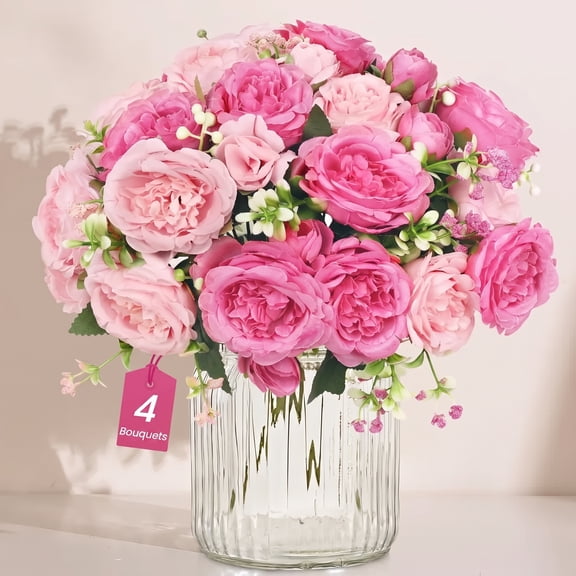Scidweet 4 Bouquets Artificial Peonies Flowers, Fake Peonies Silk Flowers for Indoor Table Party Wedding Home Decor, Pink