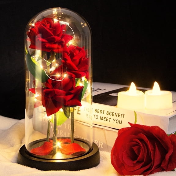 Scidweet Artificial Rose Flower Gifts, Faux Flowers Preserved Rose in Glass Dome with Light Valentines Day Anniversary Decorations for Girlfriend and Mom Wife Gifts