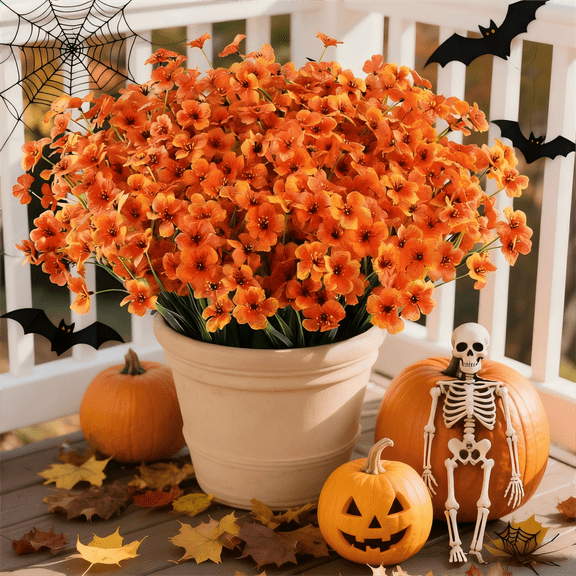Scidweet 24 Bundles Artificial Fall Flowers Outdoors, Autumn Fake Plants Faux Silk flowers Fall Decorations for Home Garden Porch Decor, Orange