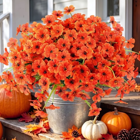 Scidweet Fall Artificial Flowers Outdoors, 24 Bundles Autumn Fake Plants Faux Silk flowers Fall Decorations for Home Outside Yard Garden Porch Patio Decor, Orange