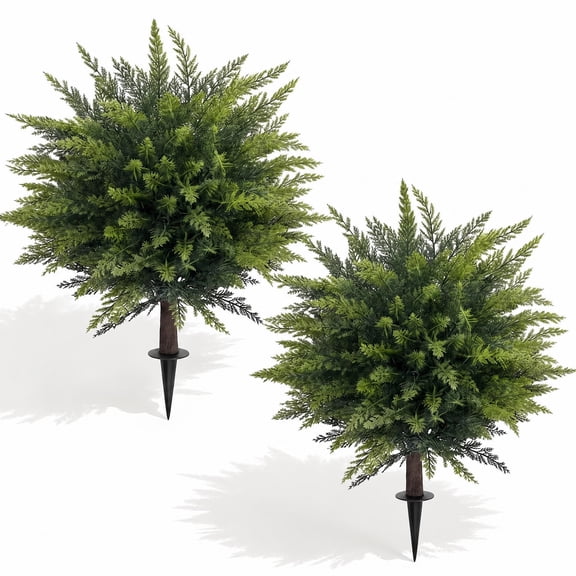 Scidweet 2 Pack Topiary Artificial Plants Outdoor, Fake Cedar Topiary Trees with Ground Spike Faux Greenery Plants for Indoor Outdoor Front Porch Garden Decor