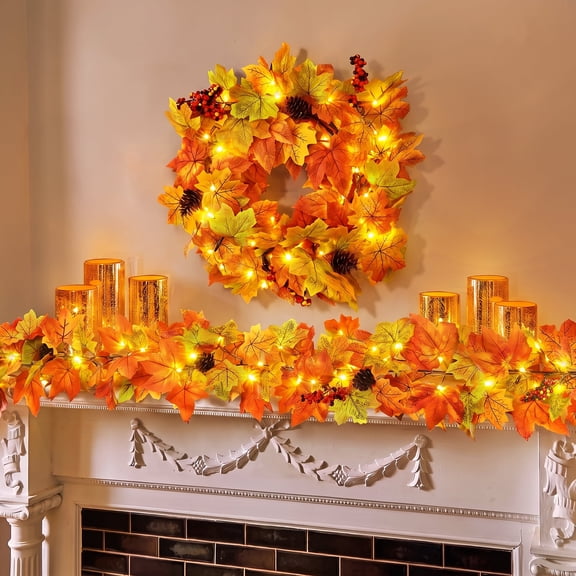 Scidweet Fall Maple Leaf Wreath Set, 20" 6Ft 30LED String Lights Fall Decorations for Home Party Thanksgiving Table Autumn Garland Decor