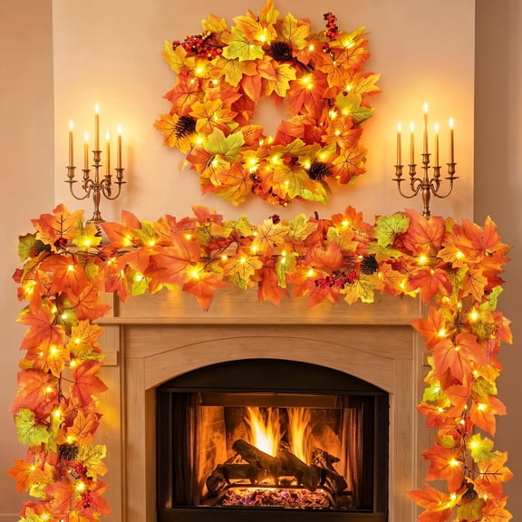 Scidweet Fall Maple Leaf Wreath Set, 20" 6Ft 30LED Artificial Autumn Garlands Fall Decorations for Home Table Party Fireplace Porch Thanksgiving Harvest Halloween Decor