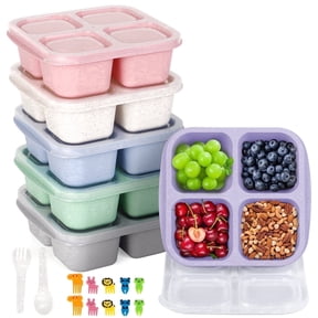 Scidweet Bento Lunch Box, 6 Pack Reusable 4-Compartment & Fork Snack Containers for Adults, Food Storage Lunch Containers with Lids for School, Work and Travel, Wheat Multicolor