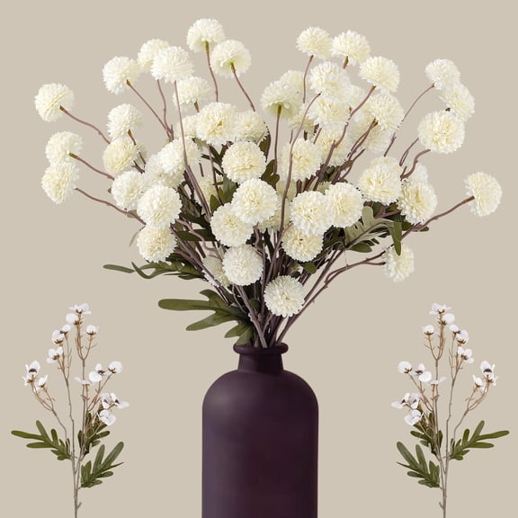 Scidweet Fake Chrysanthemum Flowers, 10 Stems & 2 Sumei Artificial Faux Kiku Flowers for Indoor Home Room Table Vase Wedding Party Decor, White